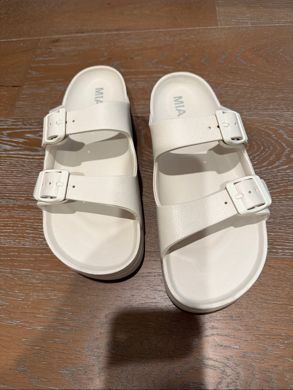 MIA Cream Double-Buckle Slide Sandals